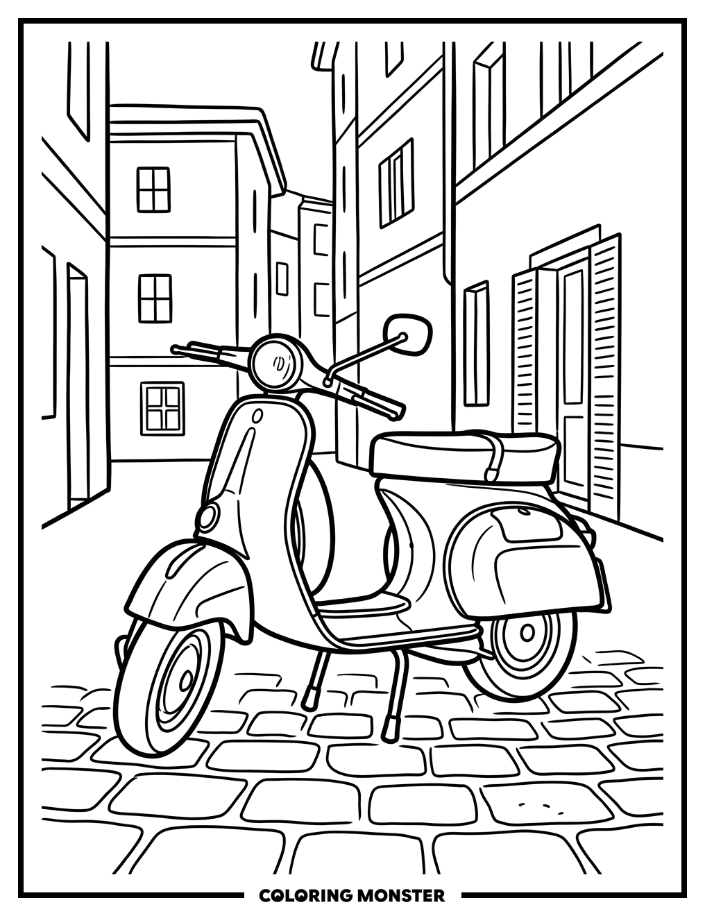 Vespa Scooter on Cobblestone Street Coloring Page