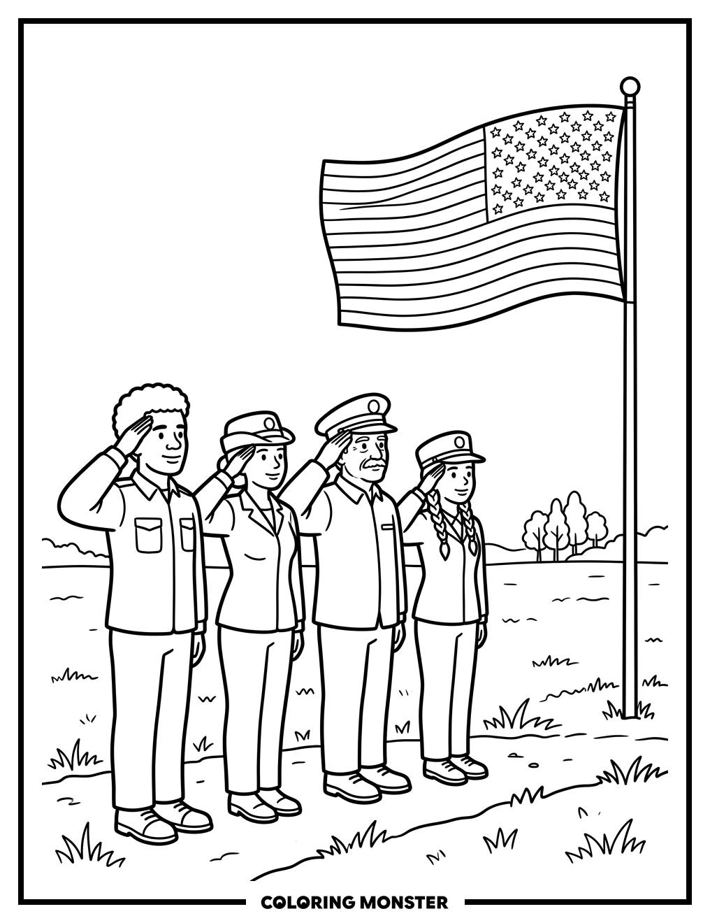 Veterans Saluting American Flag Coloring Page