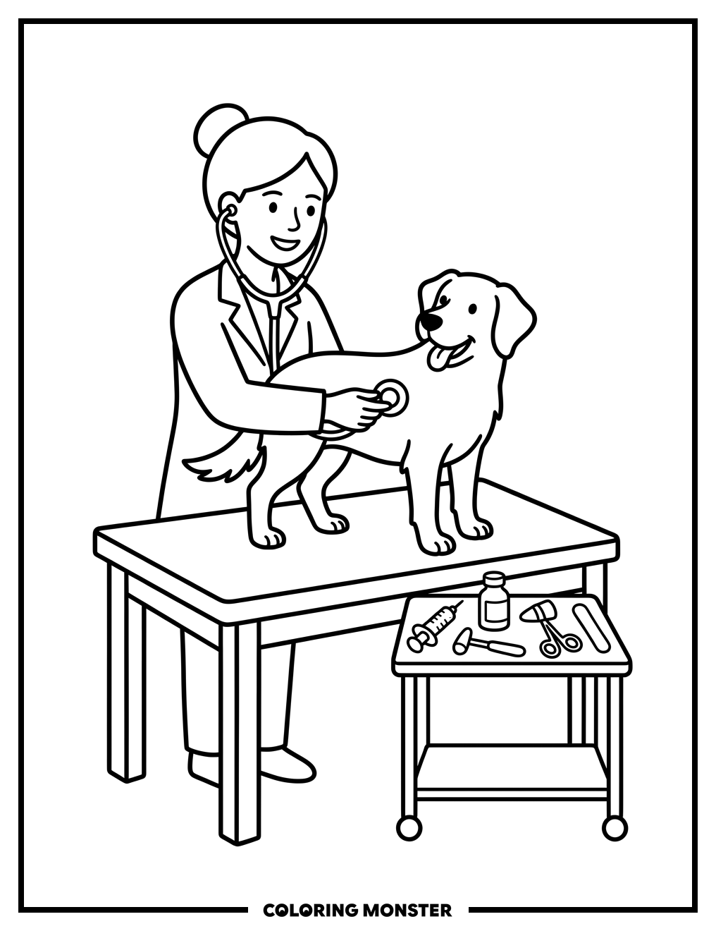 Veterinarian Examines Happy Dog Coloring Page