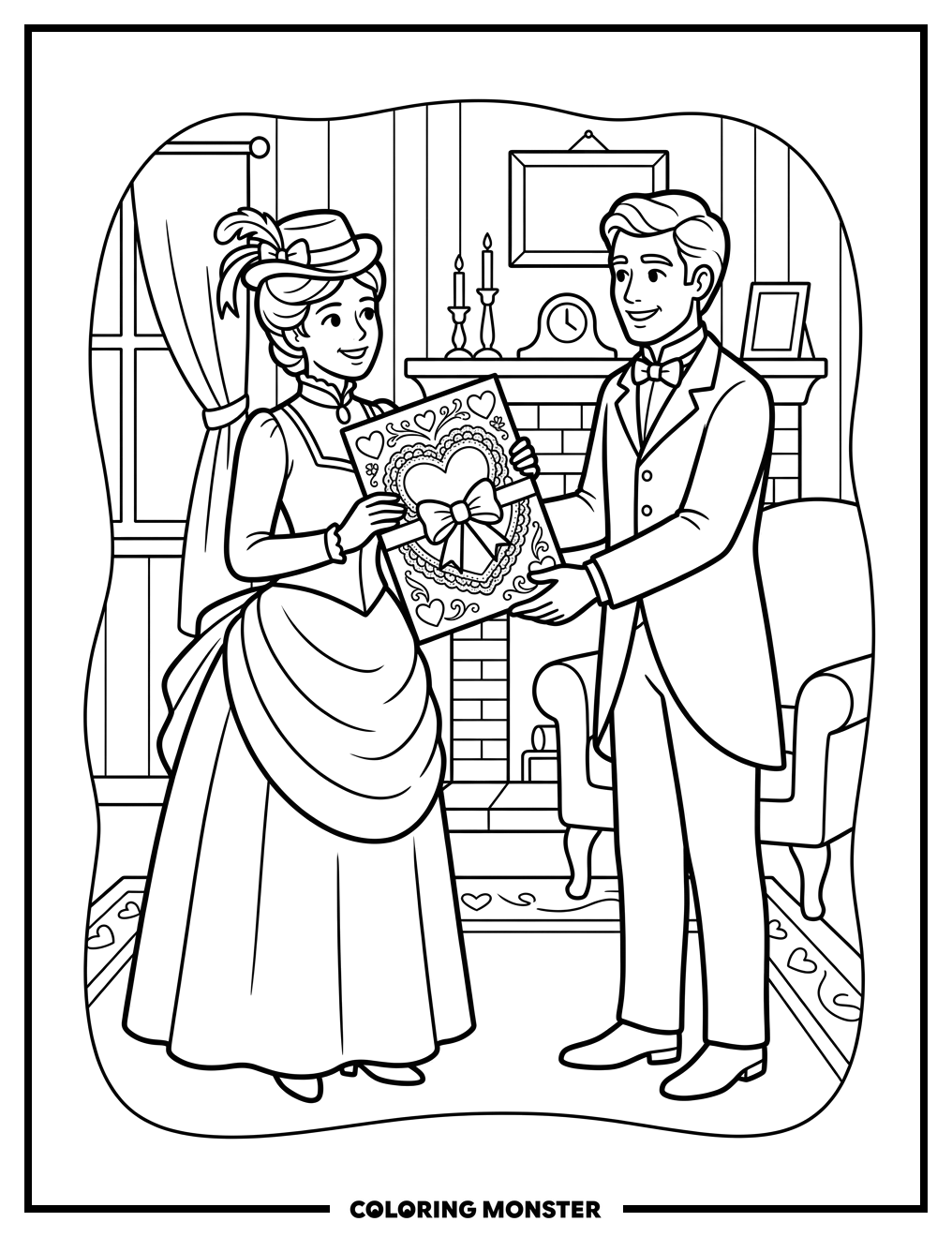 Victorian Couple Exchanging Valentine Coloring Page