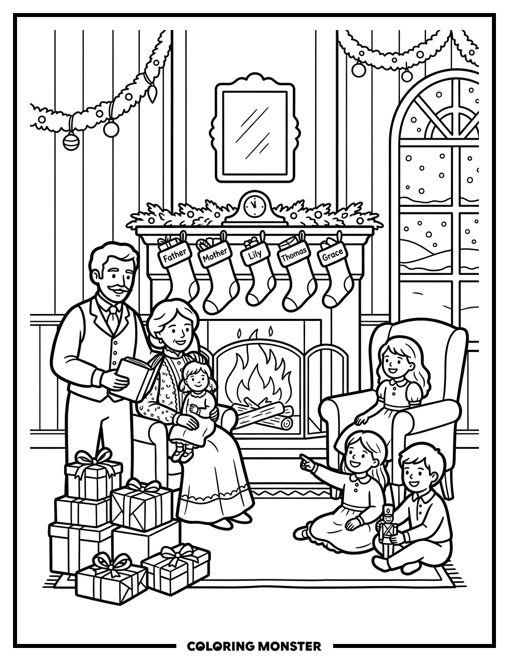 Victorian Family Christmas Eve Coloring Page