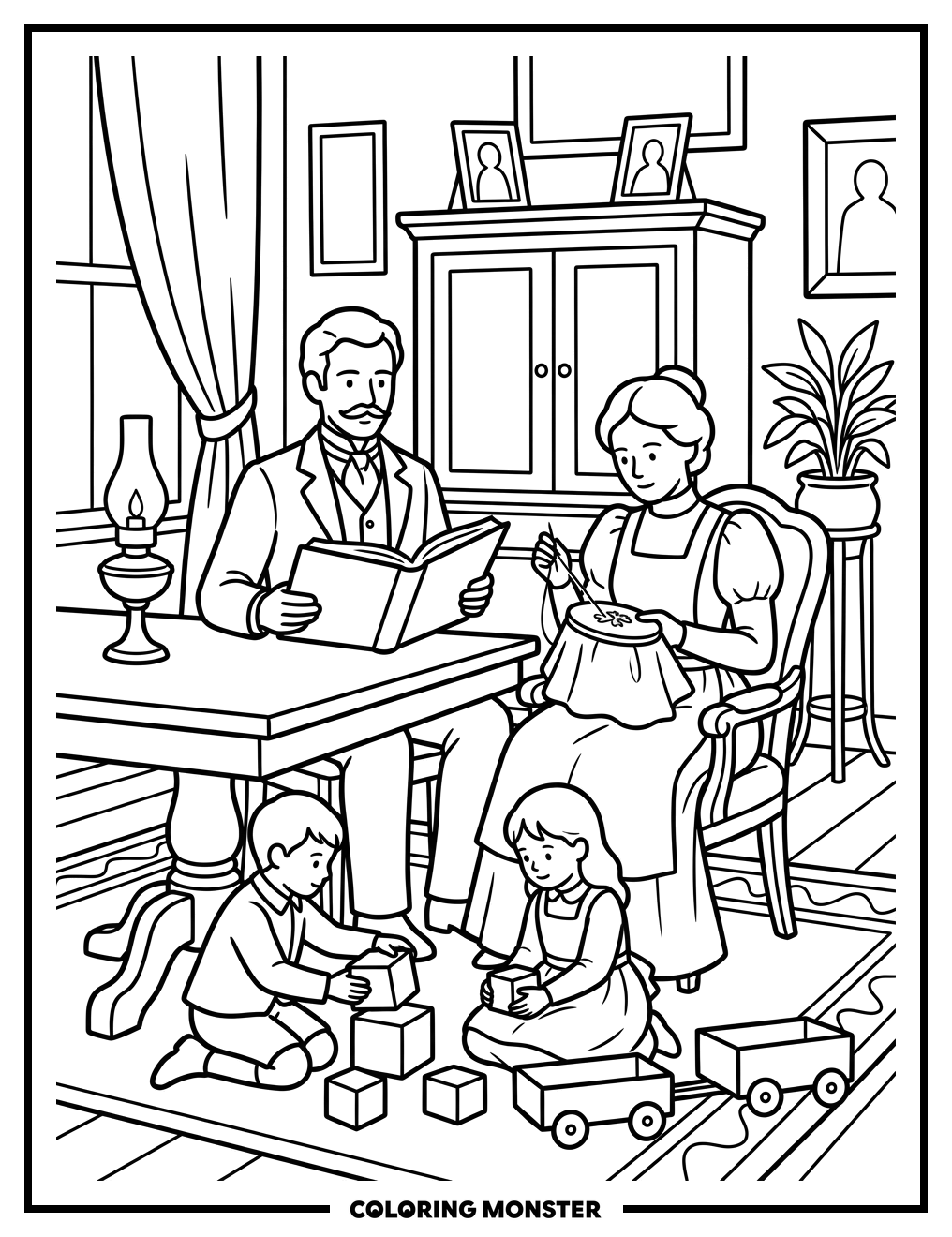 Victorian Family Parlor Scene Coloring Page