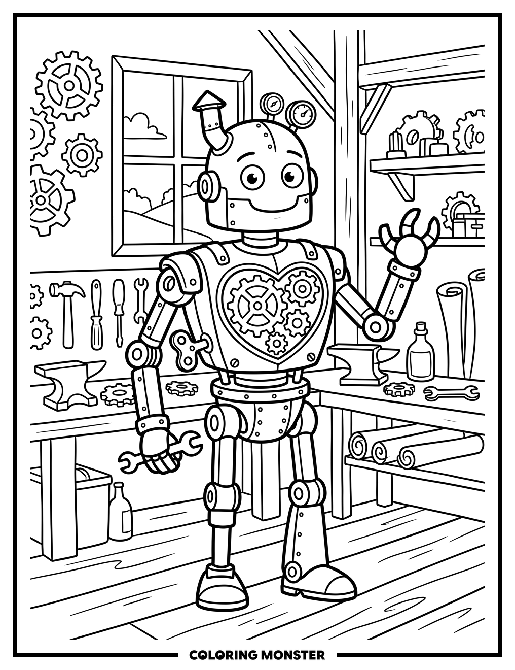 Victorian Robot in Workshop Coloring Page