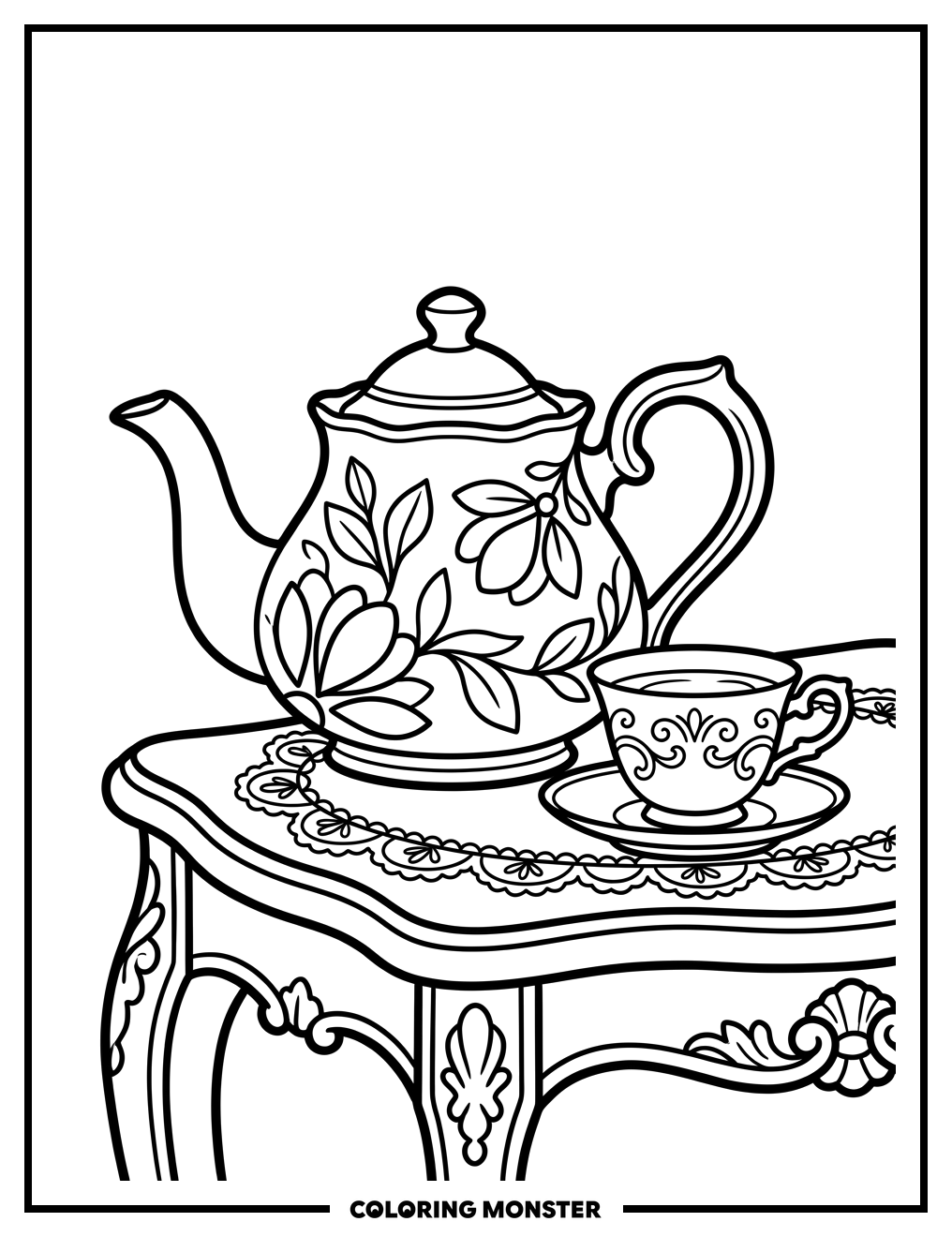Victorian Teapot on Ornate Table Coloring Page