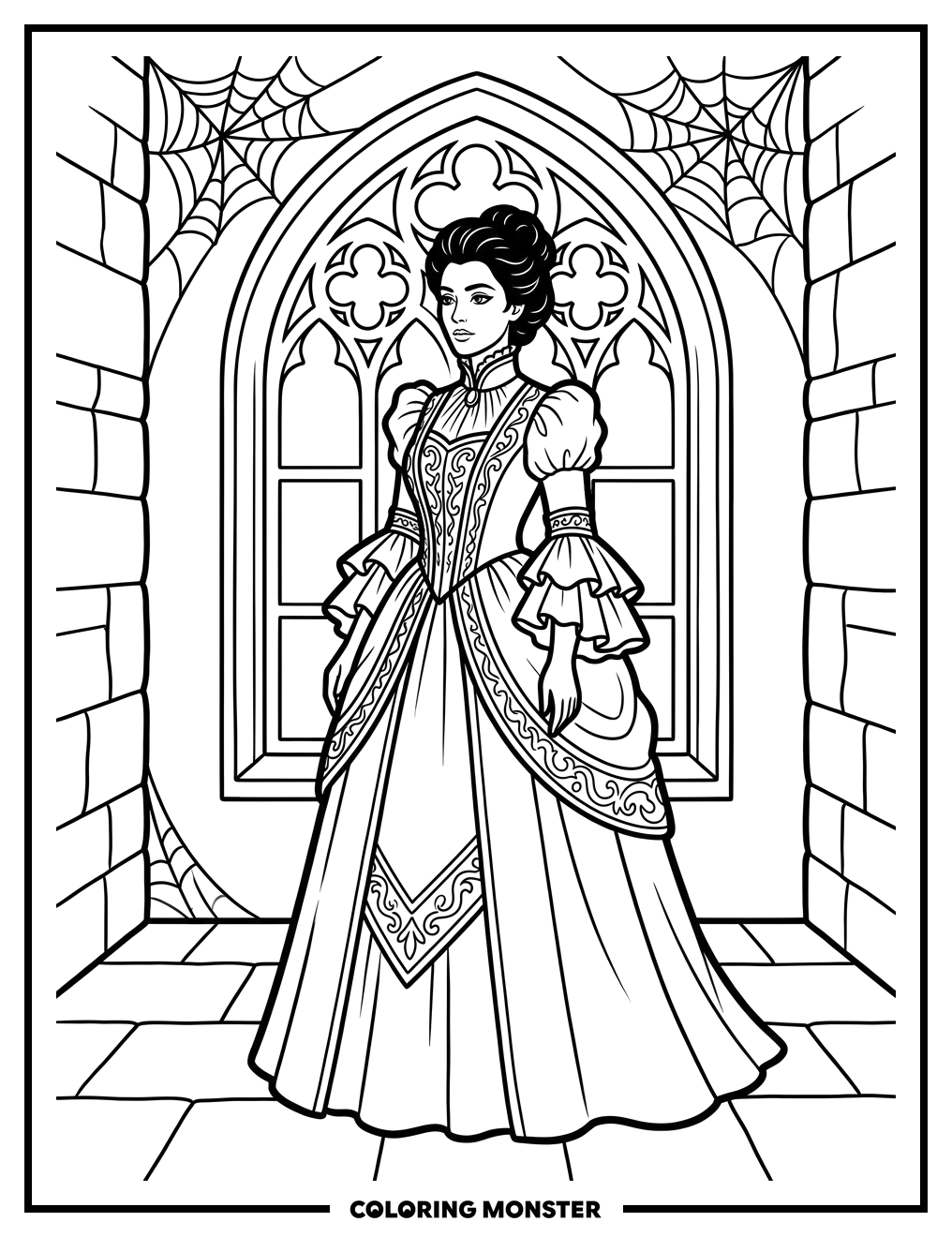 Victorian Woman in Gothic Room Coloring Page