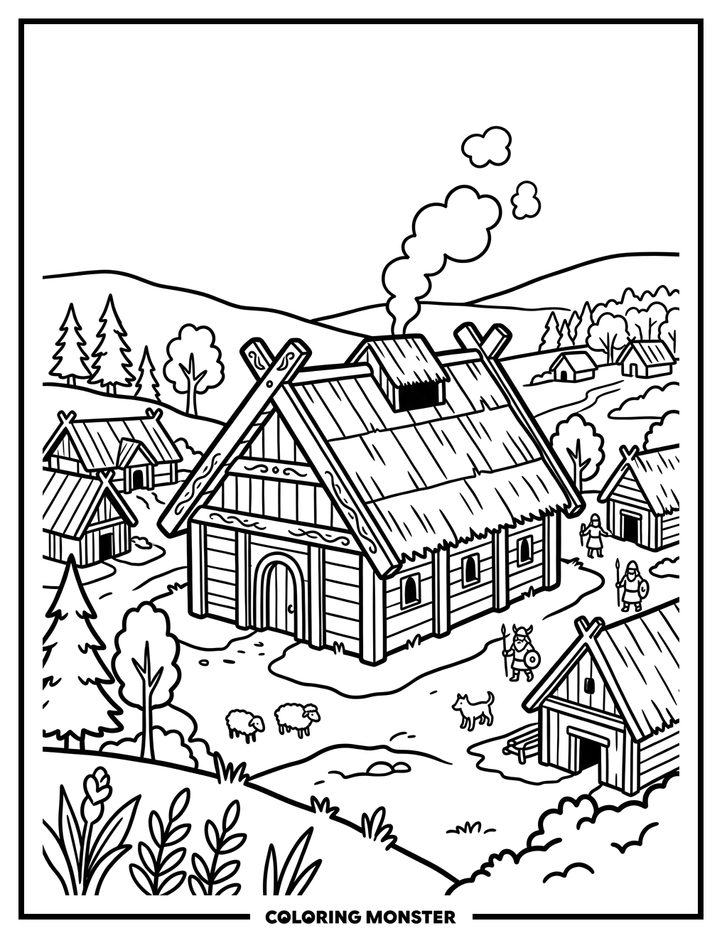 Viking Longhouse Village Scene Coloring Page