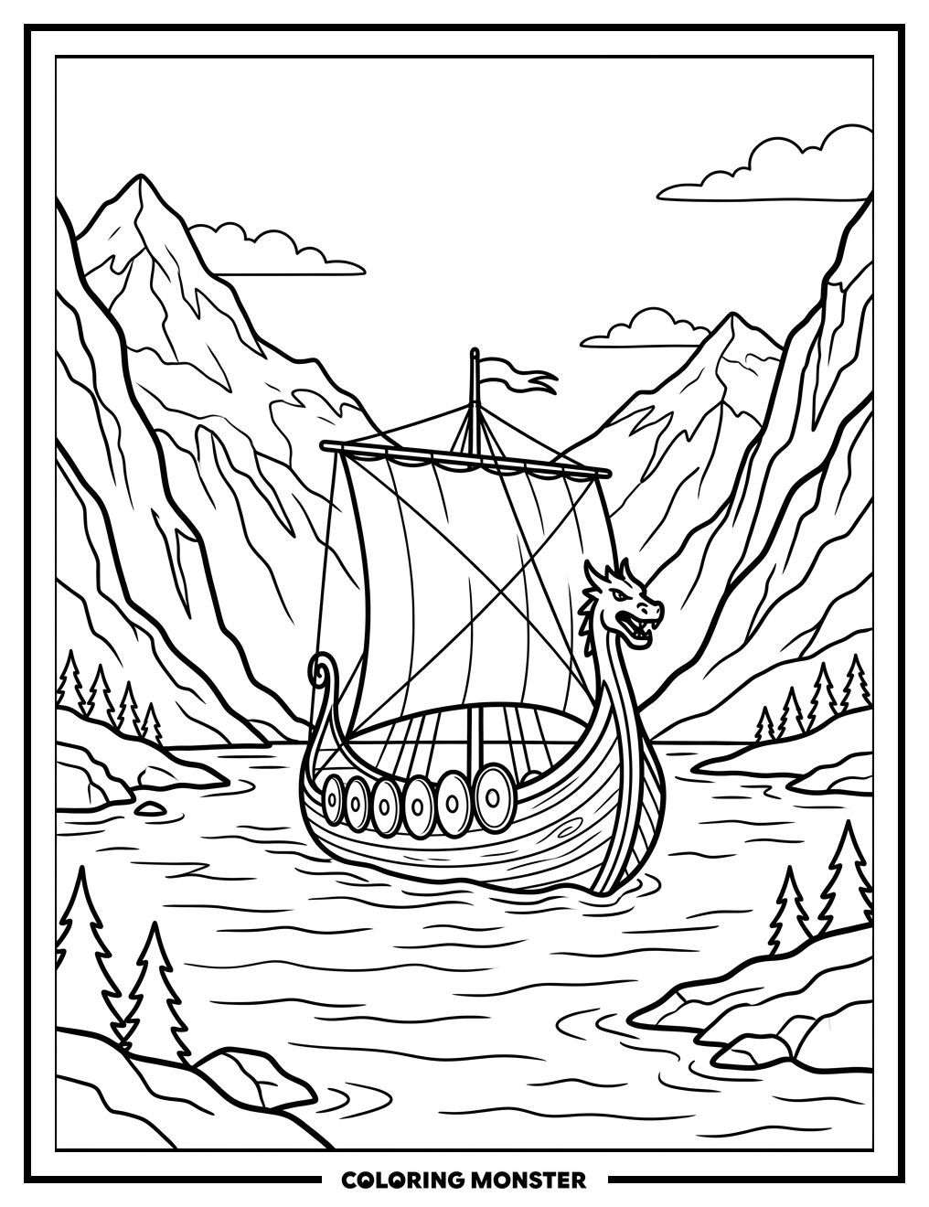 Viking Longship on Fjord Coloring Page