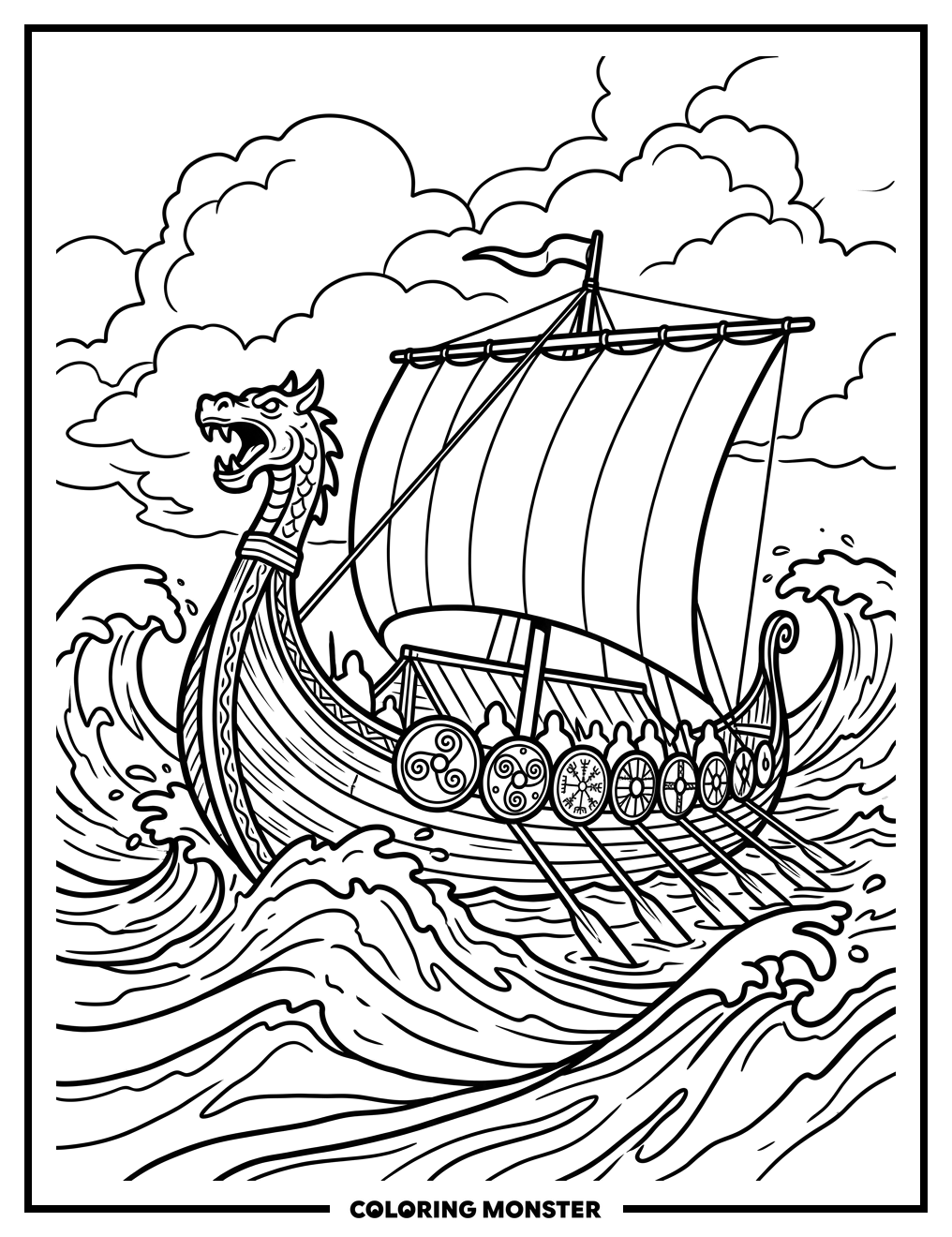 Viking Longship on Rough Seas Coloring Page