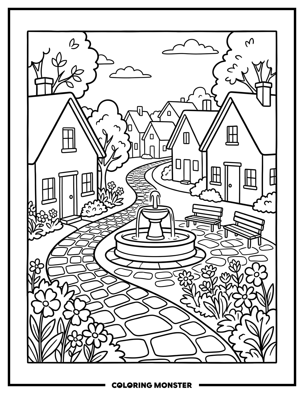 Village Square with Fountain Coloring Page