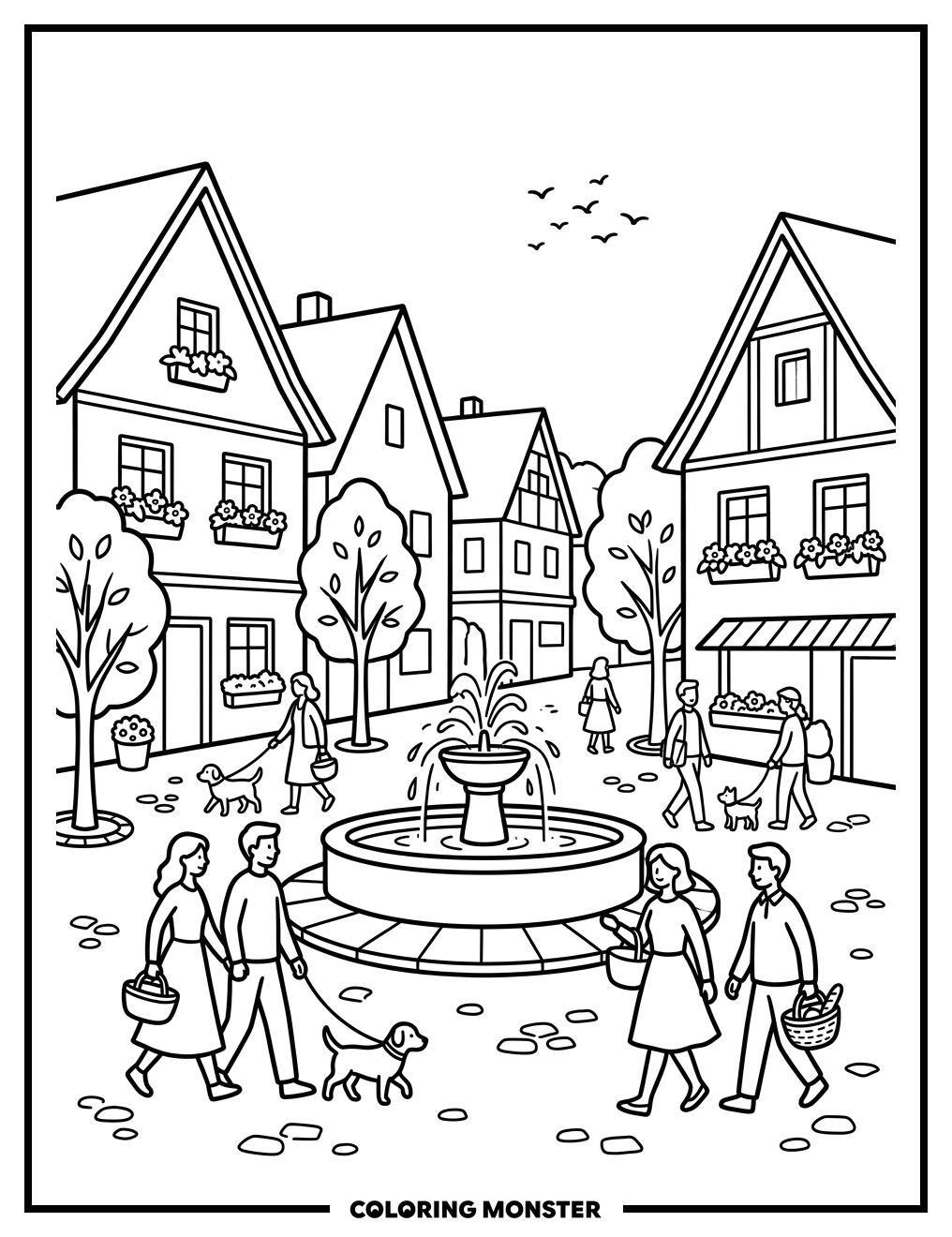 Village Square with Fountain Coloring Page