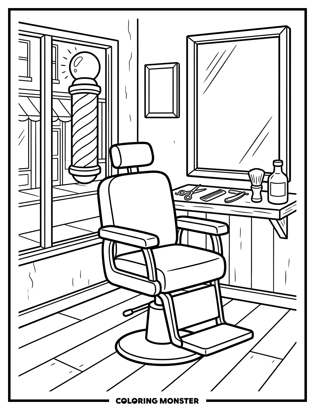 Vintage Barber Shop Scene Coloring Page
