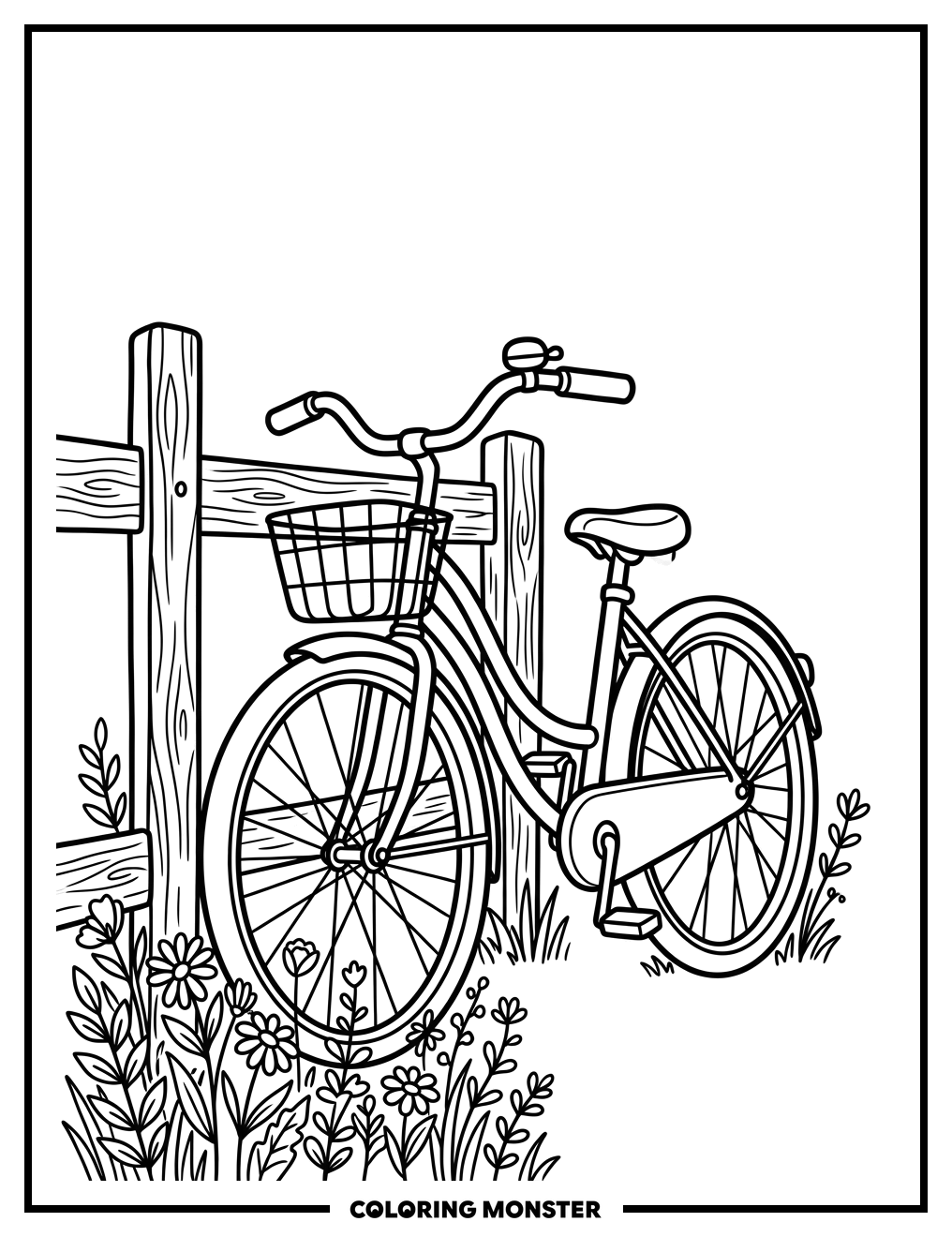 Vintage Bicycle by a Fence Coloring Page