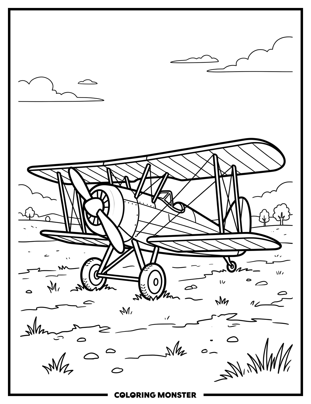 Vintage Biplane on Field Coloring Page