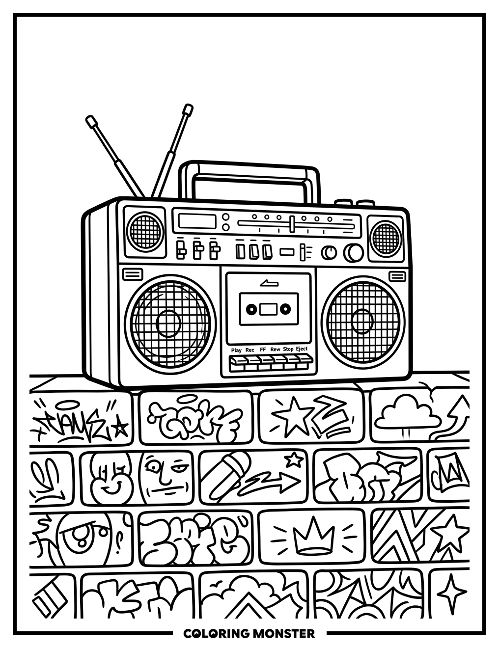 Vintage Boombox on Graffiti Wall Coloring Page