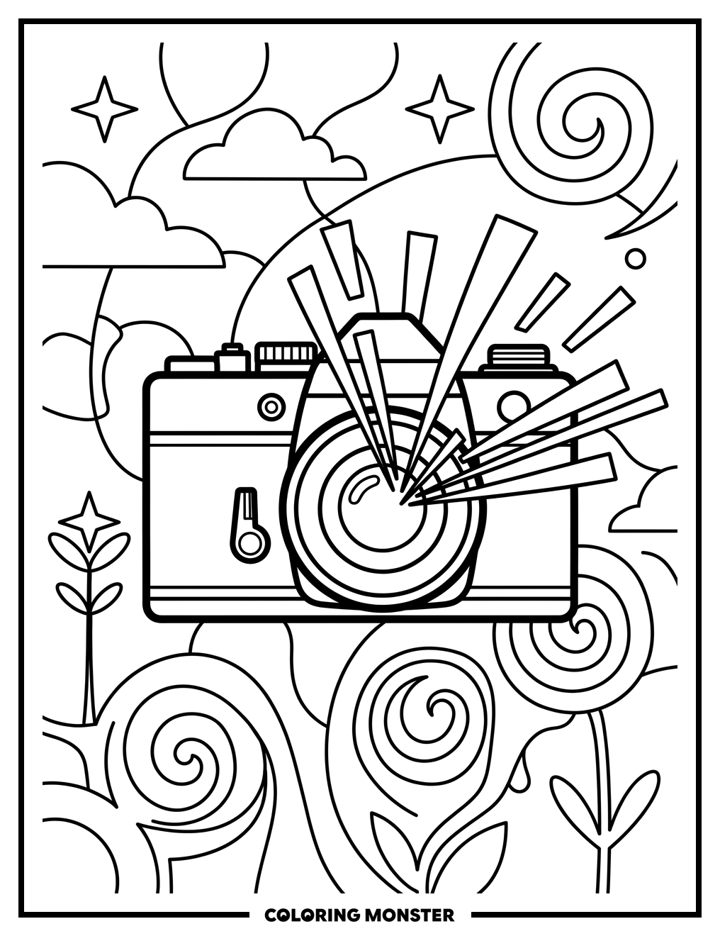 Vintage Camera Capturing Light Coloring Page