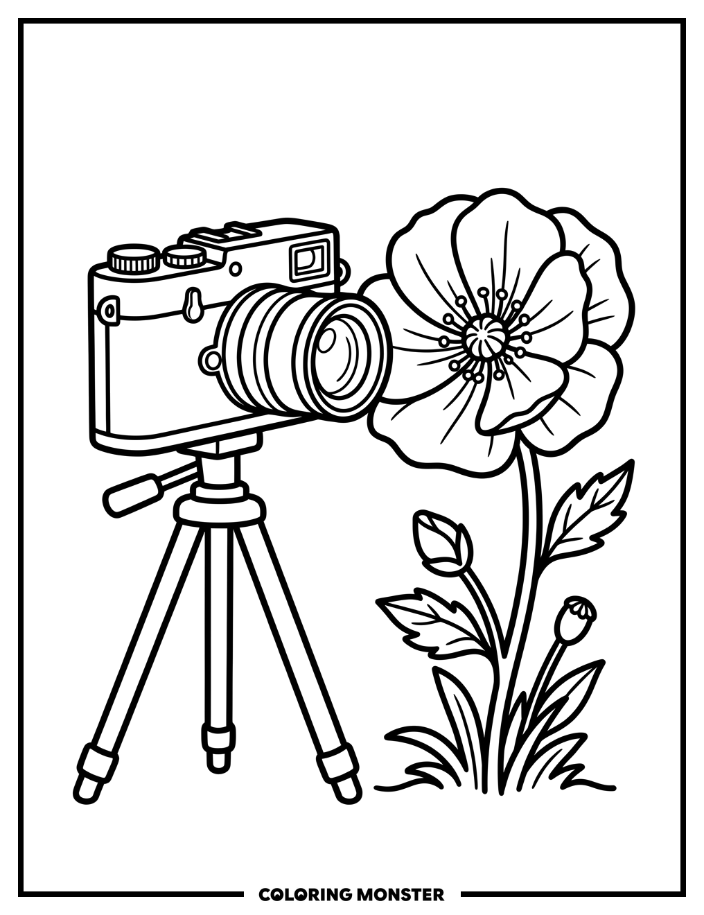 Vintage Camera Photographs Flower Coloring Page