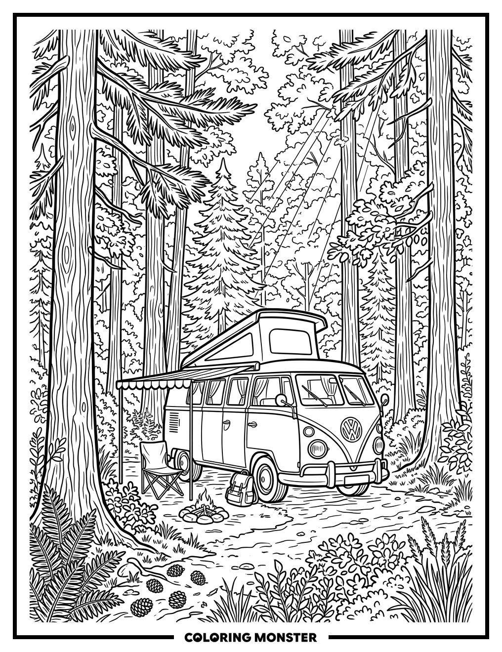 Vintage Camper in Forest Setting Coloring Page