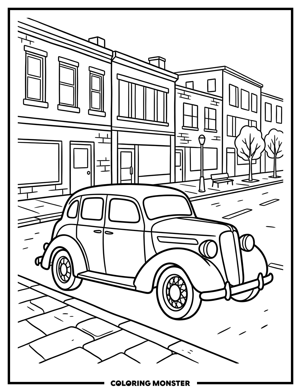 Vintage Car on City Street Coloring Page