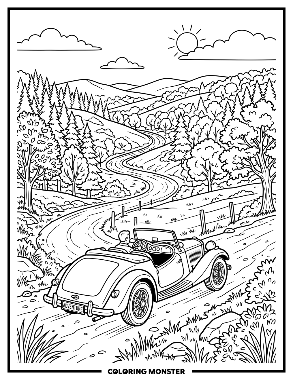 Vintage Car on Winding Road Coloring Page