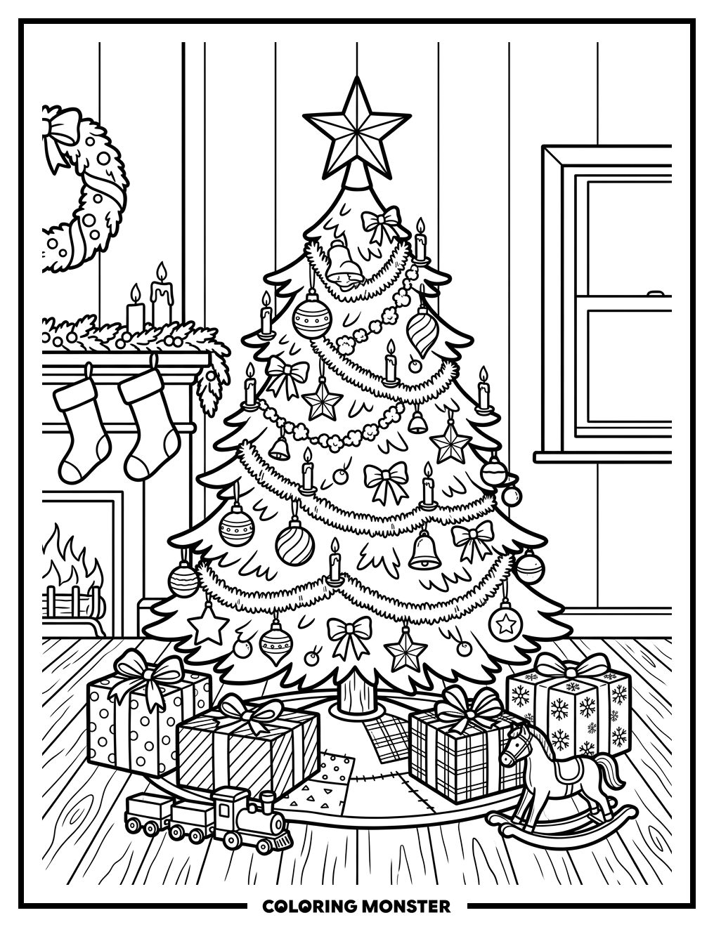 Vintage Christmas Tree with Presents Coloring Page