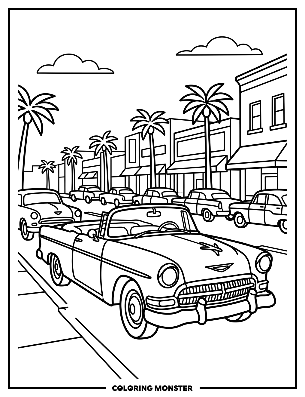 Vintage Convertible on City Street Coloring Page