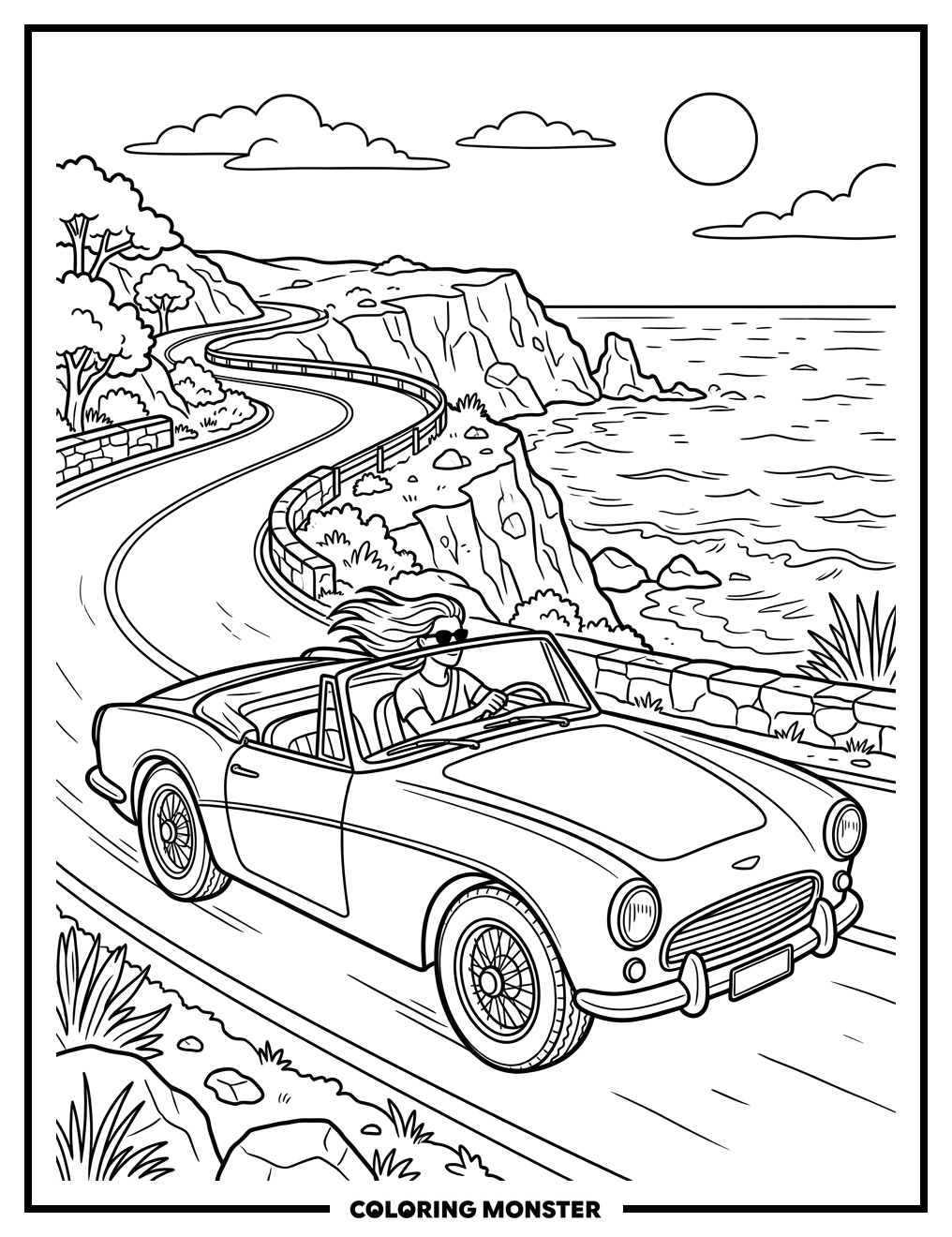 Vintage Convertible On Coastal Highway Coloring Page