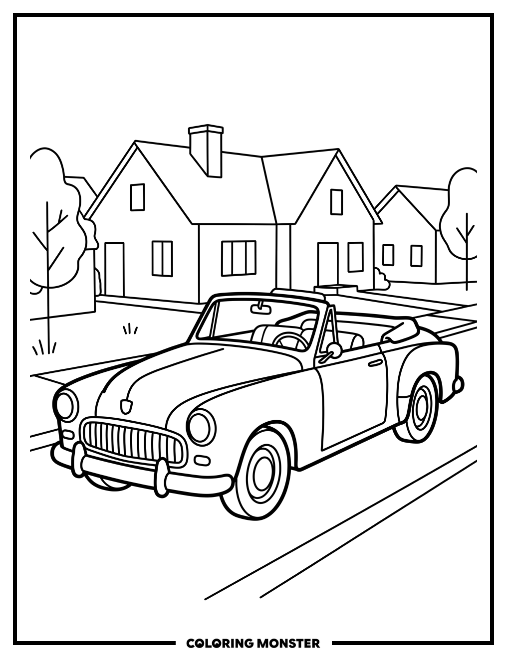 Vintage Convertible on Suburban Street Coloring Page
