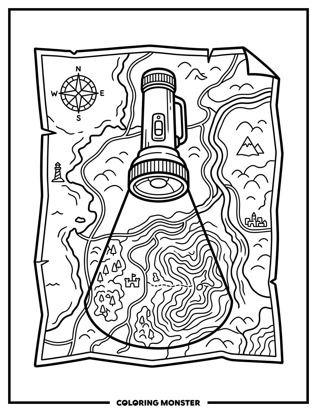Vintage Flashlight on Old Map Coloring Page