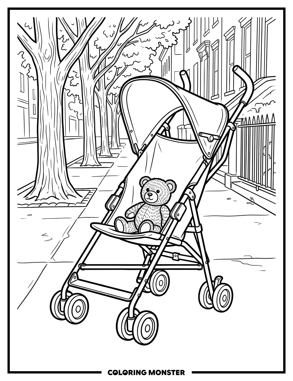 Vintage Maclaren Stroller With Teddy Bear Coloring Page
