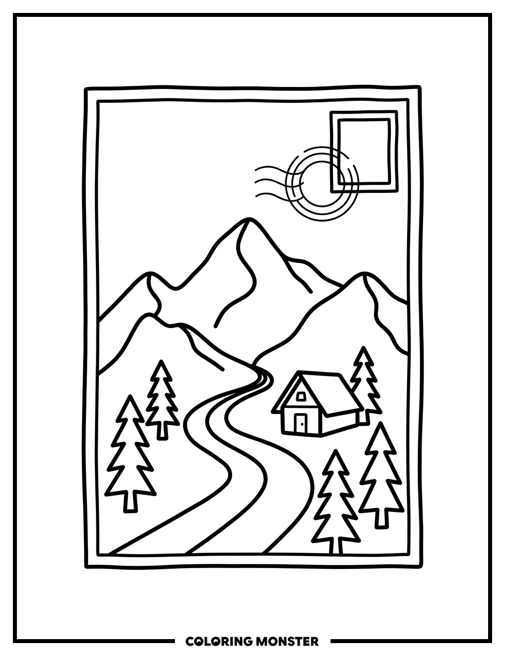 Vintage Mountain Postcard Scene Coloring Page