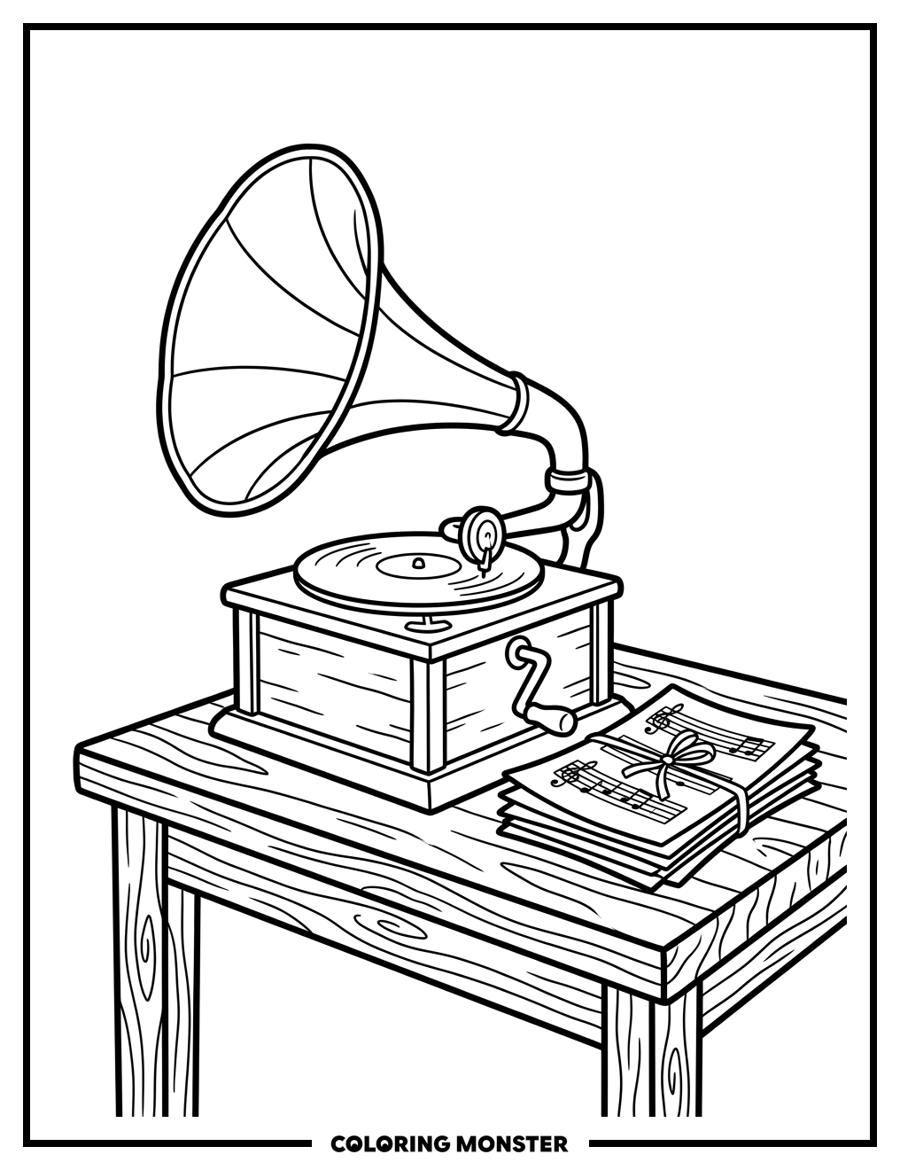 Vintage Phonograph and Sheet Music Coloring Page