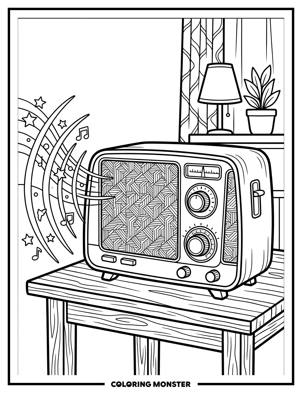 Vintage Radio with Sound Waves Coloring Page