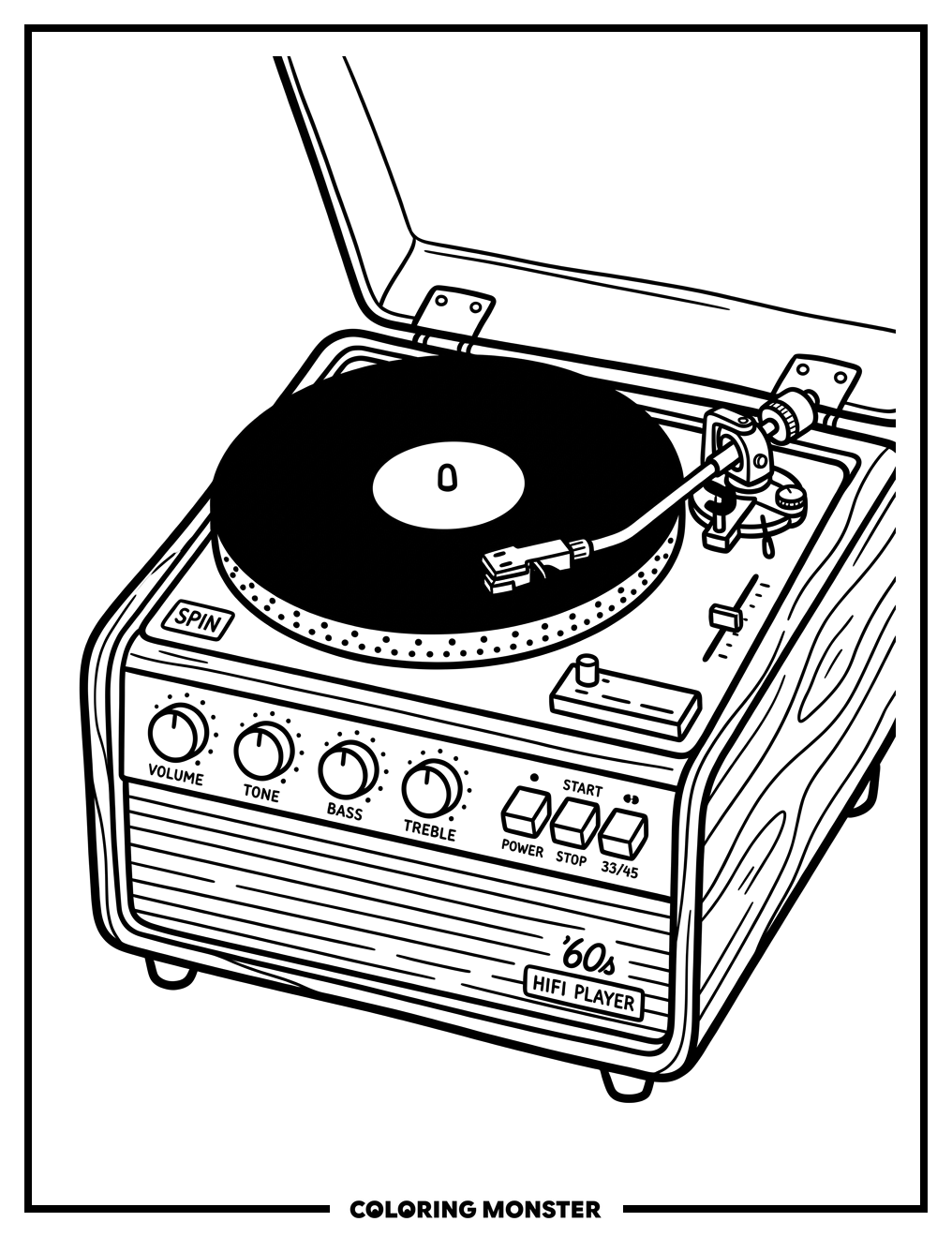 Vintage Record Player with Vinyl Record Coloring Page