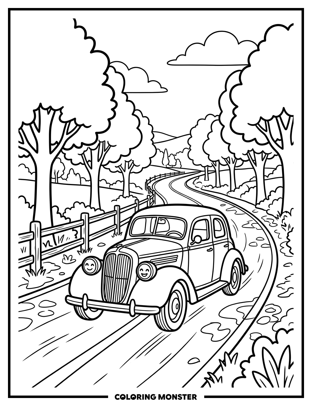 Vintage Sedan on Country Road Coloring Page