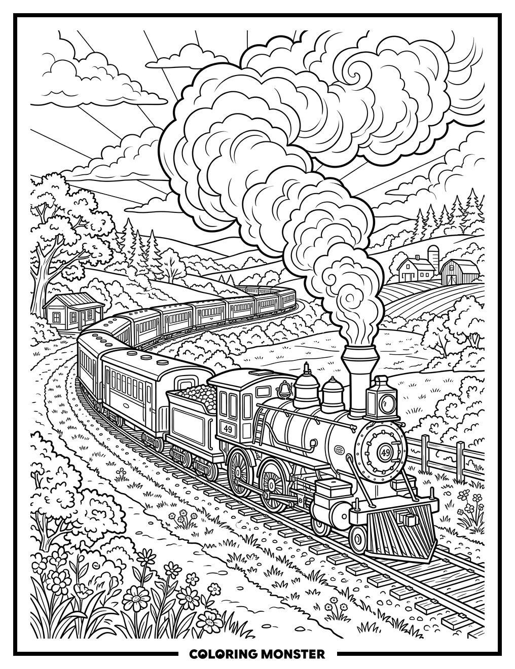 Vintage Steam Engine Locomotive Coloring Page
