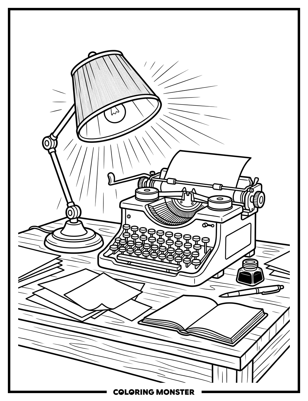 Vintage Typewriter Desk Scene Coloring Page