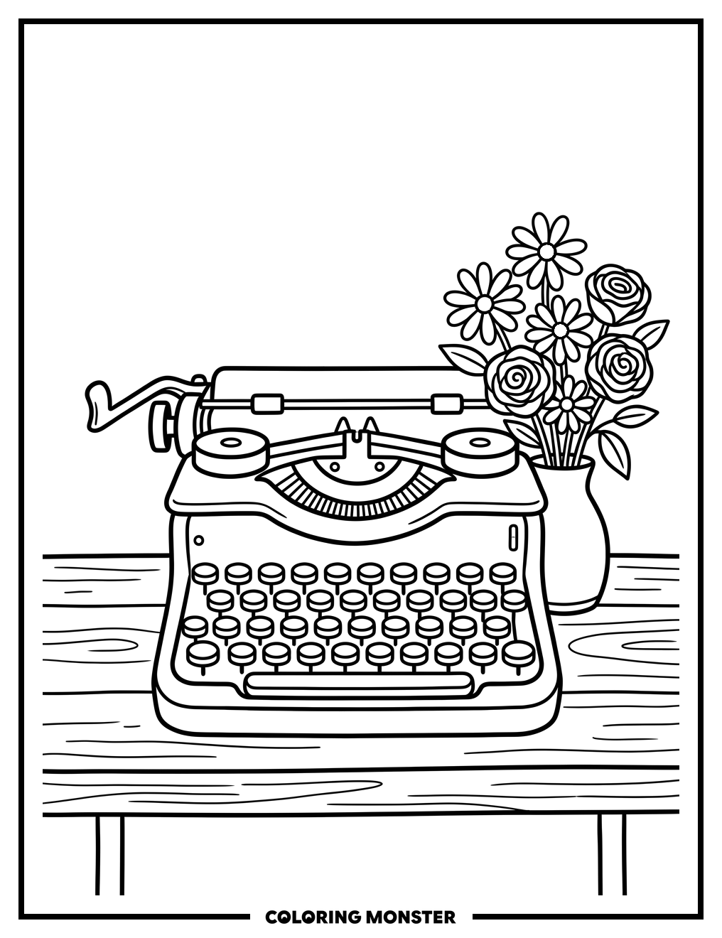 Vintage Typewriter With Flowers Coloring Page