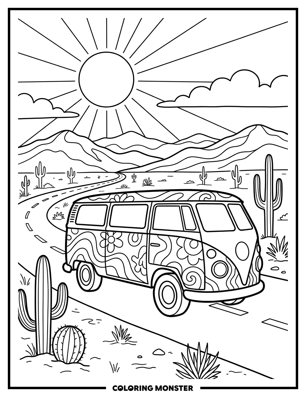 Vintage Van on Desert Highway Coloring Page