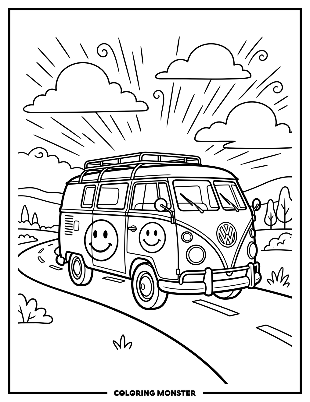 Vintage Van with Smiley Faces Coloring Page
