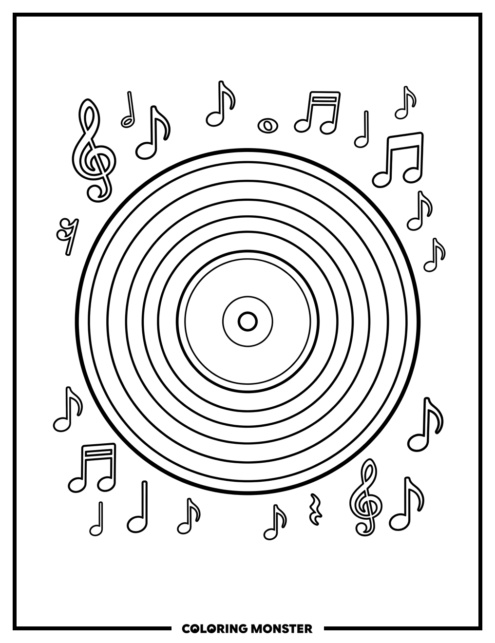 Vinyl Record with Music Notes Coloring Page