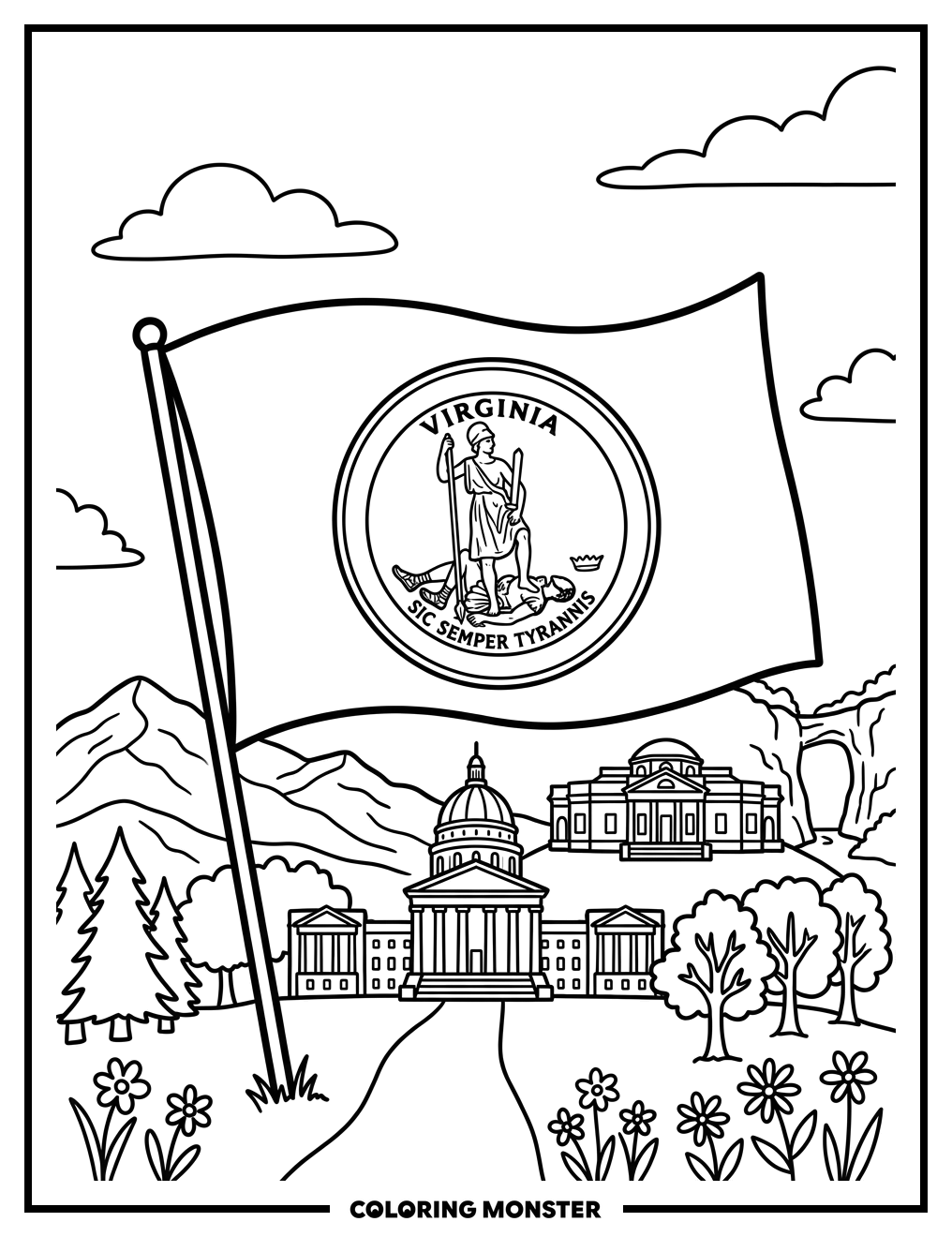 Virginia State Flag and Landmarks Coloring Page