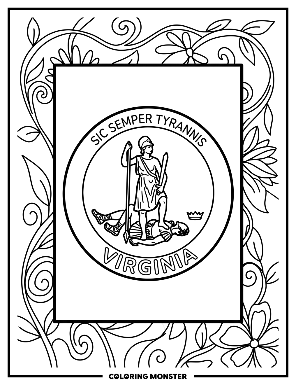 Virginia State Flag with Botanicals Coloring Page