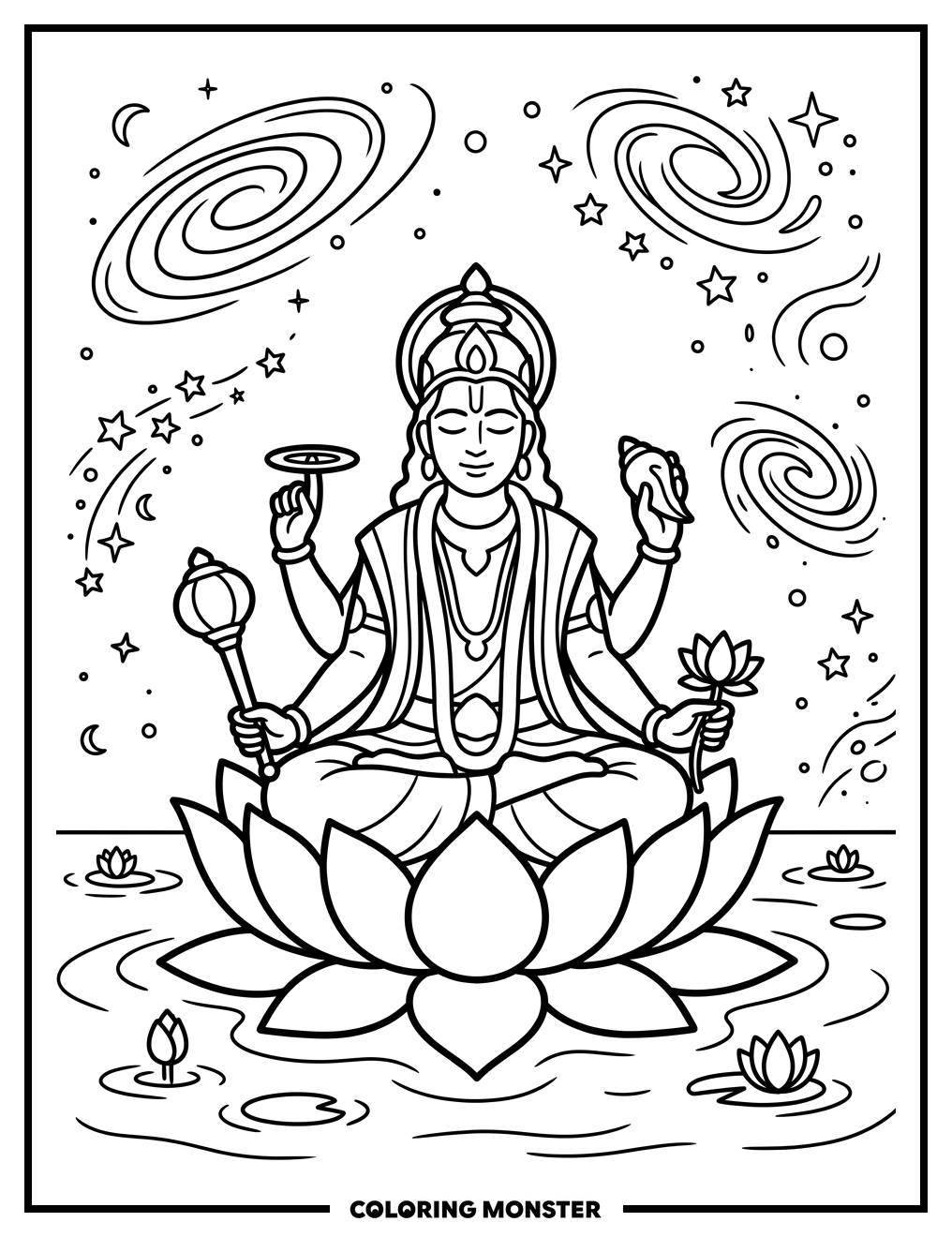 Vishnu Meditating on a Cosmic Lotus Coloring Page