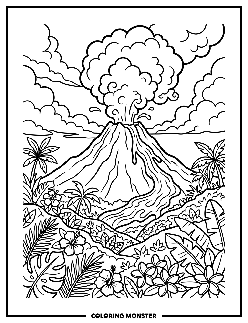 Volcano Eruption With Lava Flow Coloring Page
