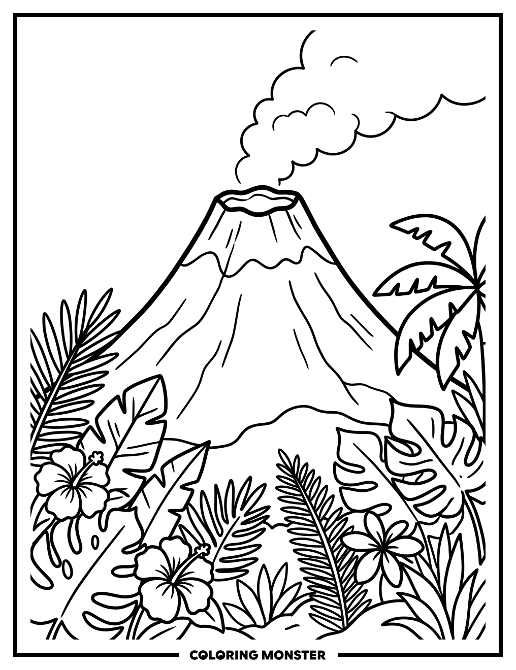 Volcano With Smoke and Tropical Flowers Coloring Page