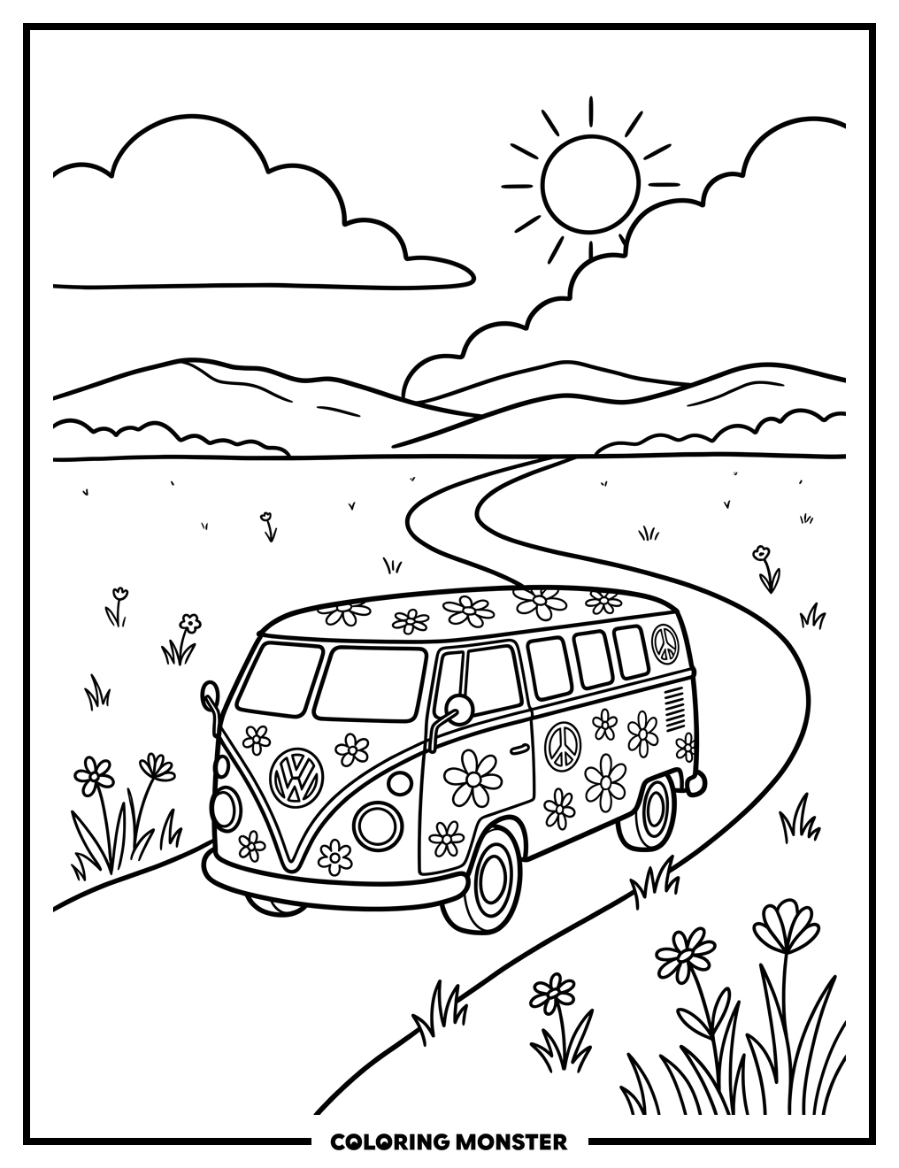 Volkswagen Van in a Sunny Meadow Coloring Page