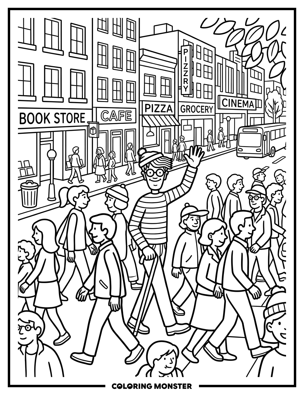 Waldo Waves on a Busy Street Coloring Page