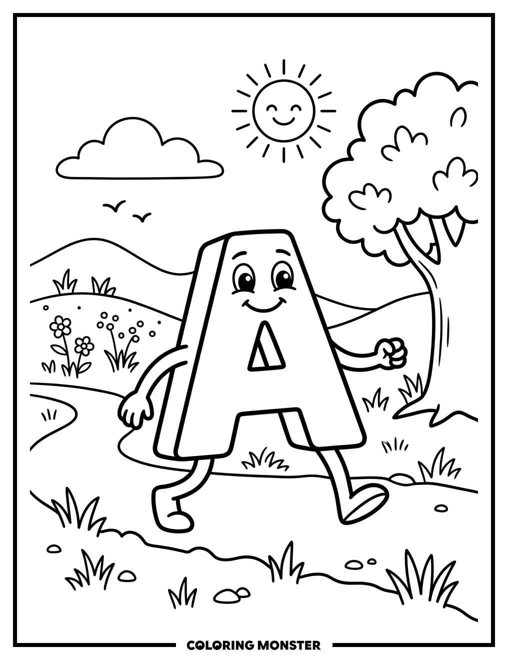 Walking Letter A in a Landscape Coloring Page