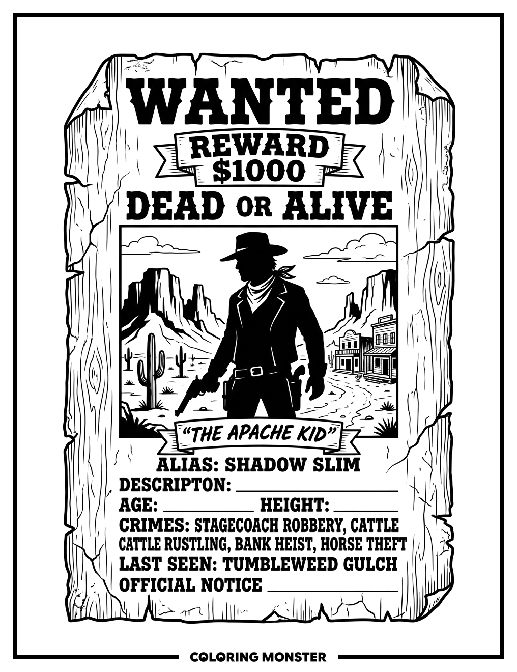 Wanted Poster Outlaw Coloring Page