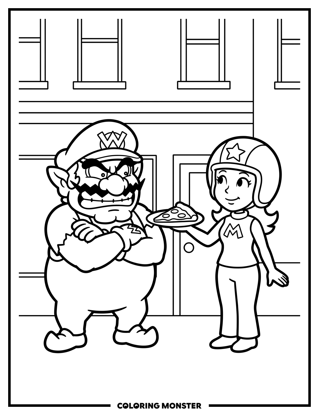 Wario and Mona Share Pizza Coloring Page